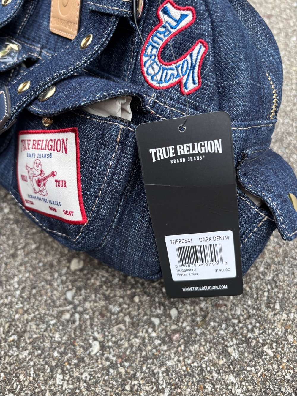 True Religion Dark Blue Denim Patchwork Purse Bag with Belt Straps - Picture 5 of 8